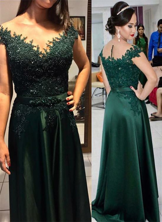 Dark Green Beaded and Lace Satin A-line Bridesmaid Dresses, Green Prom Dresses Evening Dresses